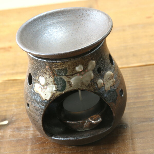 【益子焼】 癒やしの茶香炉セットNEW アロマポット 陶器 炭化焼 花水木白模様　穴ランダム（本体1個・上皿1枚・中皿1…