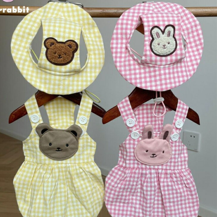 帽子付き キャミソール ワンピース ウサギ クマ 犬 猫 小型犬 チェック柄 犬用 猫用 犬服 猫服 涼しい 犬の服 かわいい おしゃれ ドッグウェア キャットウェア 可愛い ペット服 春 秋 送料無料 当店おすすめ 売れ筋のサムネイル