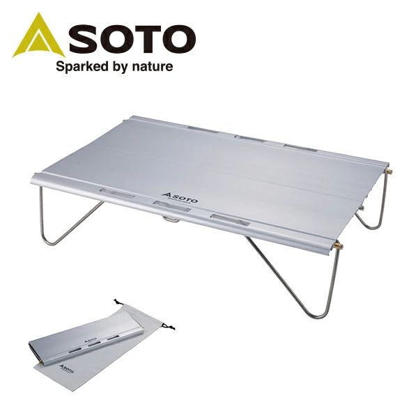 SOTO ソト ミニテーブル Field Kate(フィールドカイト) ST-632 本体サイズ 幅30×奥行20×高さ7cm　重量0.3kg 材質 アルミ、ステンレス、真鍮 仕様 ●原産国：日本 商品説明 ●収納時サイズ：幅30×奥行10×高さ1.2cm●軽量化を図る登山者に向けた薄さ・軽さ・強度を兼ね備えたミニテーブル●脚部やヒンジ構造がシンプルかつ軽量でありながら、アルミ押出材を天板に使用することで強度を保ちつつ、収納サイズの薄さや設置の手間が少なくなるよう開発●脚の着脱などは不要で、全てのパーツが一体式のため部品紛失のリスクなし 商品補足説明 YAMAZEN ヤマゼン 山善 SOTO ソト 新富士バーナー キャンプ アウトドア レジャー アウトドアテーブル ミニテーブル ソロキャンプ 折りたたみテーブル 折りたたみ 軽量 コンパクト 収納 S2R70キャンプファニチャー ランキング