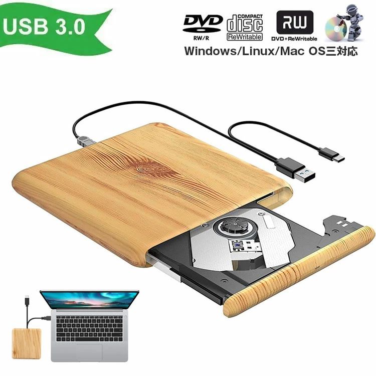 商品仕様商品名：DVDドライブ カラー:木目色 材質：ABS+プラスチック 給電方式:USBポートで給電 データ転送ポート：USB3.0/Type-C ディスクフォーマット：CD VCD DVD サイズ(約）:145*155*16mm 重量(約）:270g 対応OS：MacOS 10.12 Sierra, Linux, Windows XP, Windows Vista, Windows 8, Windows 7, Windows 10, OS X 10.9 Mavericks商品説明【高速転送】USB3.0を搭載、データ転送と読み込みスピードが更に速くなり、usbケーブルでパソコンのusbポートに接続すると内部のドライバが自動的にインストールされて数秒後使用可能になります。 【書き込み・読み込み】DVD/CD/DVD-RAM(DVD-RAM V1.0 V2.1 V2.2)、DVD-R/RW DVD+R/RW DVD-ROM DVD-VIDEO DVD-ROM Mode 1.2 CD-DA CD-IFMV CD-ROM/XA Mixed CD Enhanced CD CD Plus iTrax CD CD-Extra CD-Text CD-plus photo-CD Video CD DVD+-R DLなどを再生することができ、書き込みも読み込みもできます、仕事にぴったりです。 【交換性】Windows XP/2003/Vista/Win7/Win8/Win10、Linux、Mac10 OSシステムなど対応可、互換性があります、mac os sierra 10.12.6も対応可。タブレットとブルーレイに対応出来ませんので、ご了承ください。 【挿せばすぐ利用可能】デスクトップ、ノートパソコン、iMac Retina、MacBookなどのために特別に設計されており、ドライバーと外部電源が必要なく、USBを挿せばすぐに使用することが可能です。 【持ち運びに便利】スリム、軽量で、旅行バックの中などに入れても携帯する際にも便利。重さも軽量にできており、利便性の高い外付けドライブです。超静音設計機能を搭載、ご使用する際の雑音がありませんから、使用感が抜群です。ご注意点※DVDドライブ十分な充電を確保するために、USB延長ケーブルを使用してないでください。DVDドライブのUSBデータケーブルを使用してコンピューターに直接接続してください。テレビ、タブレット（Surfacebook、iPad）、Blu-rayに対応できない。 ※ほかのUSB、 HUBで接続することより給電不足可能性があります、パソコンはドライバを認識しませんという可能性が有りますので、当該製品を直接にパソコンのUSBボードに連続して下さい。 ※使用時、平らで安定した表面の上にドライブを置いてください、ドライブを押したりしないでください。 ※デスクトップパソコンを使う場合はコンピューターの背面にあるUSBインターフェイスを使用してくだい。 ※デスクトップパソコンのに前面USBインターフェイスを使用しての動作はドライバ電圧が安定を保証しておりません。 ※ドライブを分解・改造しないでください。 ※強磁性のある場所、或いはマグネット部品の近くに置かないでください。パッケージ内容外付けDVDドライブx1 データ伝送ラインx1 品質保証カードx1 日本語取扱書x1 メーカー希望小売価格はメーカーサイトに基づいて掲載しています商品仕様 商品名：DVDドライブ カラー:木目色 材質：ABS+プラスチック 給電方式:USBポートで給電 データ転送ポート：USB3.0/Type-C ディスクフォーマット：CD VCD DVD サイズ(約）:145*155*16mm 重量(約）:270g 対応OS：MacOS 10.12 Sierra, Linux, Windows XP, Windows Vista, Windows 8, Windows 7, Windows 10, OS X 10.9 Mavericks 商品説明 【高速転送】USB3.0を搭載、データ転送と読み込みスピードが更に速くなり、usbケーブルでパソコンのusbポートに接続すると内部のドライバが自動的にインストールされて数秒後使用可能になります。 【書き込み・読み込み】DVD/CD/DVD-RAM(DVD-RAM V1.0 V2.1 V2.2)、DVD-R/RW DVD+R/RW DVD-ROM DVD-VIDEO DVD-ROM Mode 1.2 CD-DA CD-IFMV CD-ROM/XA Mixed CD Enhanced CD CD Plus iTrax CD CD-Extra CD-Text CD-plus photo-CD Video CD DVD+-R DLなどを再生することができ、書き込みも読み込みもできます、仕事にぴったりです。 【交換性】Windows XP/2003/Vista/Win7/Win8/Win10、Linux、Mac10 OSシステムなど対応可、互換性があります、mac os sierra 10.12.6も対応可。タブレットとブルーレイに対応出来ませんので、ご了承ください。 【挿せばすぐ利用可能】デスクトップ、ノートパソコン、iMac Retina、MacBookなどのために特別に設計されており、ドライバーと外部電源が必要なく、USBを挿せばすぐに使用することが可能です。 【持ち運びに便利】スリム、軽量で、旅行バックの中などに入れても携帯する際にも便利。重さも軽量にできており、利便性の高い外付けドライブです。超静音設計機能を搭載、ご使用する際の雑音がありませんから、使用感が抜群です。 ご注意点 ※DVDドライブ十分な充電を確保するために、USB延長ケーブルを使用してないでください。DVDドライブのUSBデータケーブルを使用してコンピューターに直接接続してください。テレビ、タブレット（Surfacebook、iPad）、Blu-rayに対応できない。 ※ほかのUSB、 HUBで接続することより給電不足可能性があります、パソコンはドライバを認識しませんという可能性が有りますので、当該製品を直接にパソコンのUSBボードに連続して下さい。 ※使用時、平らで安定した表面の上にドライブを置いてください、ドライブを押したりしないでください。 ※デスクトップパソコンを使う場合はコンピューターの背面にあるUSBインターフェイスを使用してくだい。 ※デスクトップパソコンのに前面USBインターフェイスを使用しての動作はドライバ電圧が安定を保証しておりません。 ※ドライブを分解・改造しないでください。 ※強磁性のある場所、或いはマグネット部品の近くに置かないでください。 パッケージ内容 外付けDVDドライブx1 データ伝送ラインx1 品質保証カードx1 日本語取扱書x1 メーカー希望小売価格はメーカーサイトに基づいて掲載しています