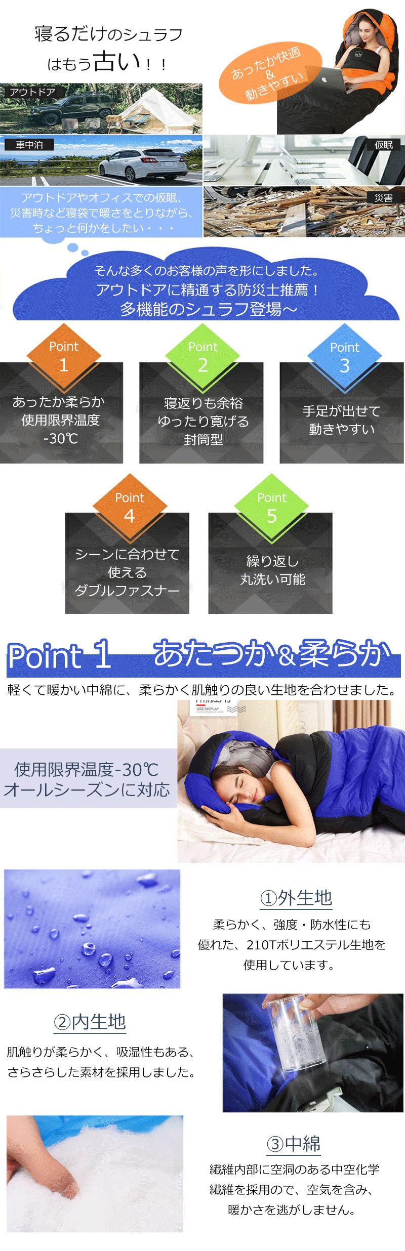 【耐寒温度-10℃】寝袋 夏用 冬用 シュラフ 封筒型 ふんわり 暖かい コンパクト 連結可能 枕付き型 丸洗い出来る 収納便利 ねぶくろ 防 yoridokoro-10000289 よりどころ サンプル画像2