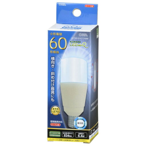 オーム電機 LED電球 T形(小形60形相当/834lm/昼光色/E17/全方向270°/密閉形器具対応/断熱材施工器具対応) LDT6D-G-E17 IG92 オーム電機 LED電球 T形(小形60形相当/834lm/昼光色/E17/全方向270°/密閉形器具対応/断熱材施工器具対応) LDT6D-G-E17 IG92