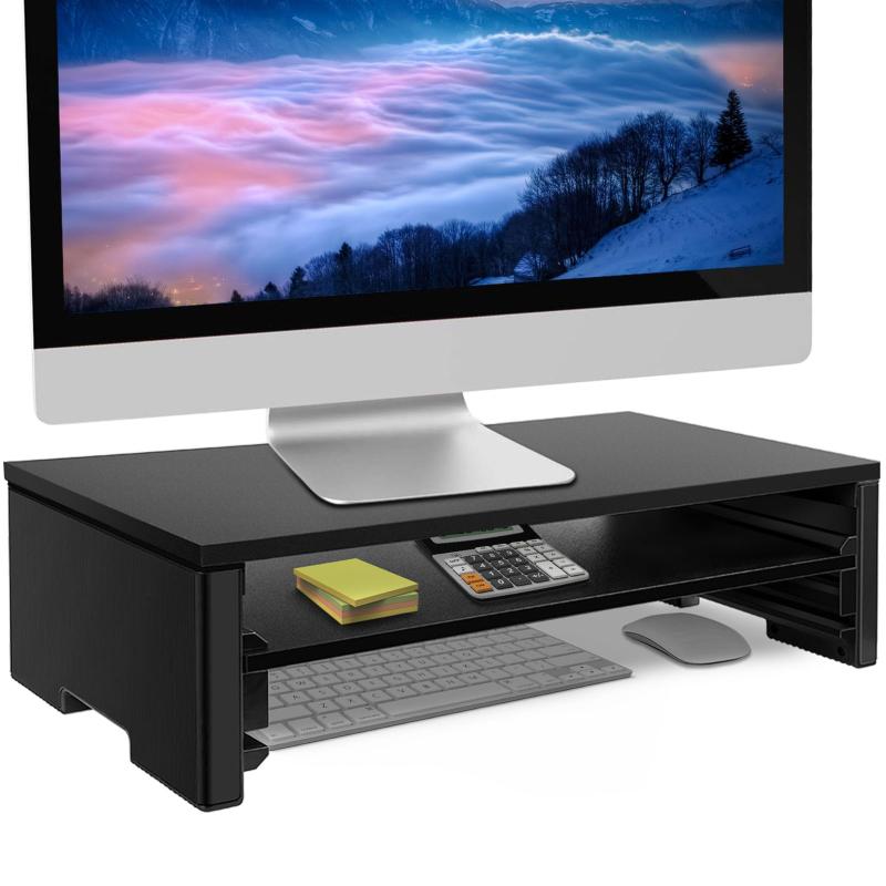 EAYHM モニター台 2口コンセント付き 机上台 木製 PCキーボード収納ラック パソコン スタンド プリンタ..