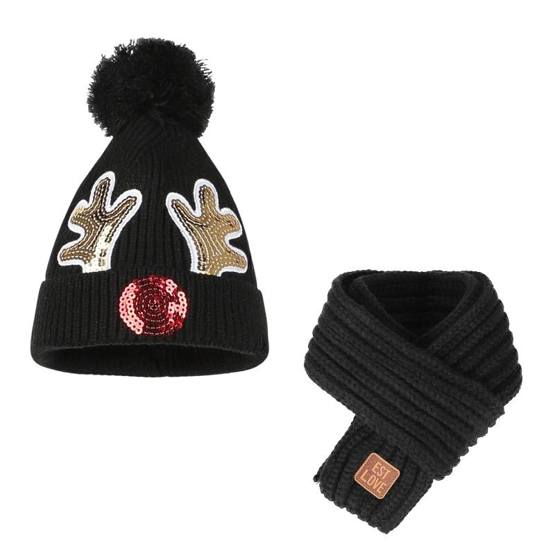 [ITODA] クリスマス帽子 鹿の角柄 亮片 子供 ニット帽子 マフラー 秋冬 かわいい 毛糸帽子 保温マフラー ふわふわ あったか キッズ ニットキャップ スカーフ 1-5歳 男の子 女の子 お出かけ 防寒