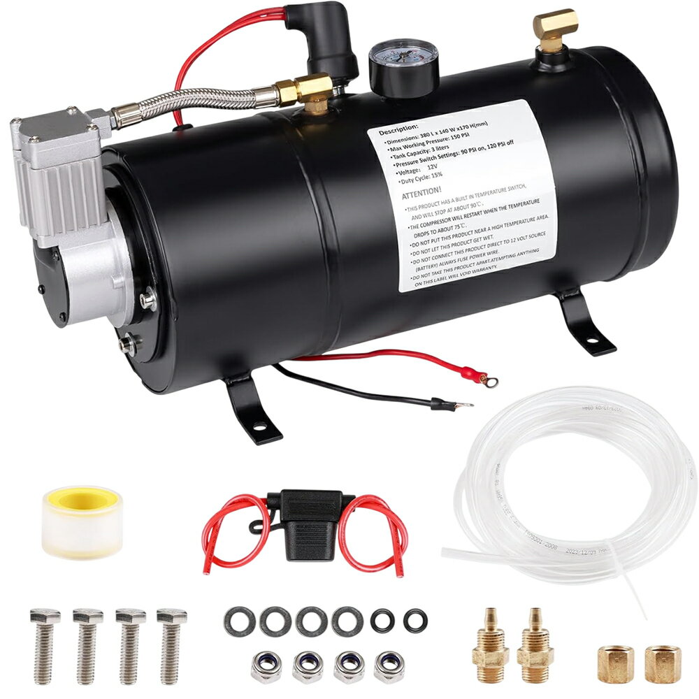 12V 15A オイルレス エアーコンプレッサー 150PSI 3L タンク容量 ホーン改造 普通車 軽自動車のタイヤ ..