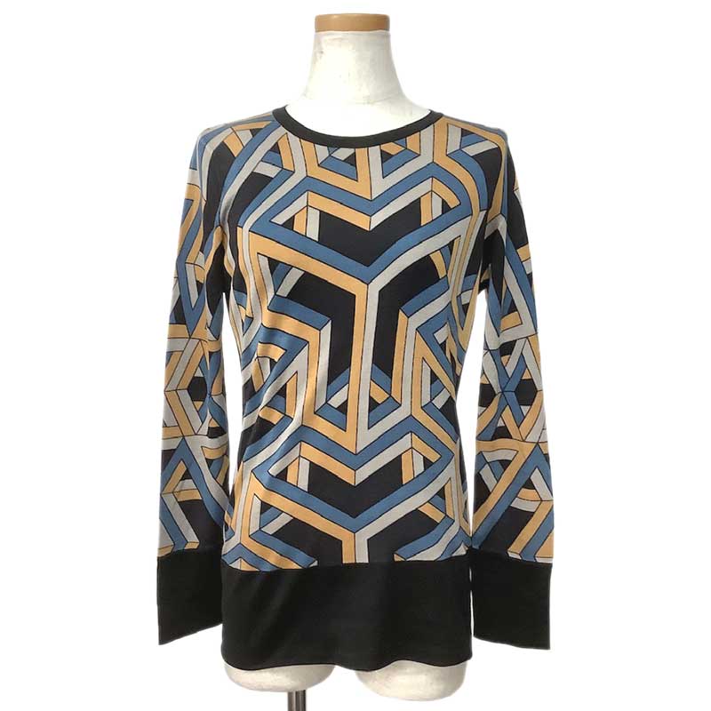 HERMES エルメス 長袖 トップス シルク ブラック グレー オレンジ ブルー #40 カレキューブ CARRE CUBE..