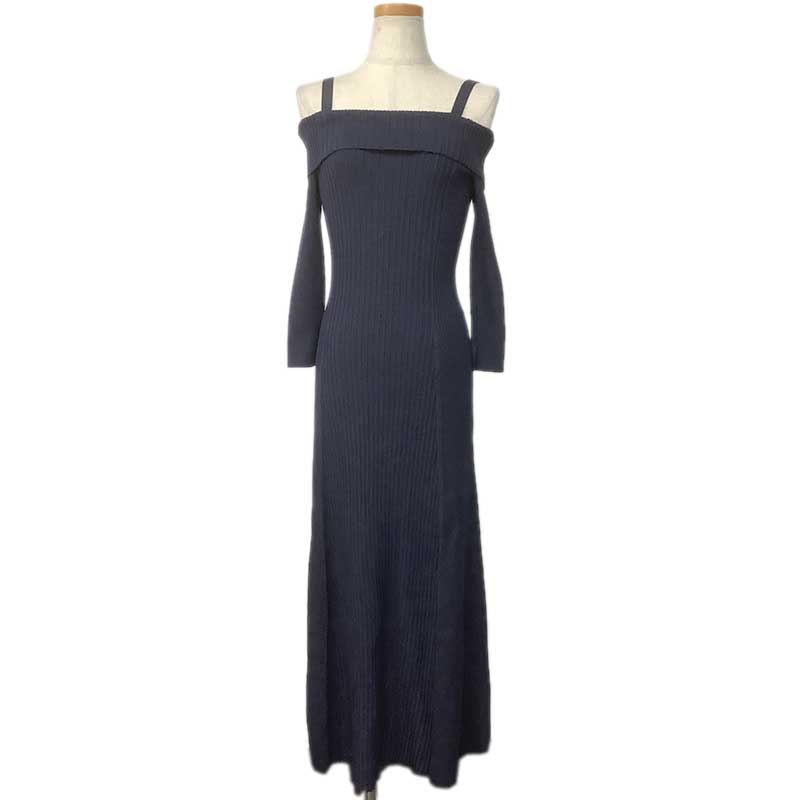 GANNI ガニー ワンピース ビスコース ポリメイド エラスタン ネイビー #M BC.C 2565 オフショル オフシ..