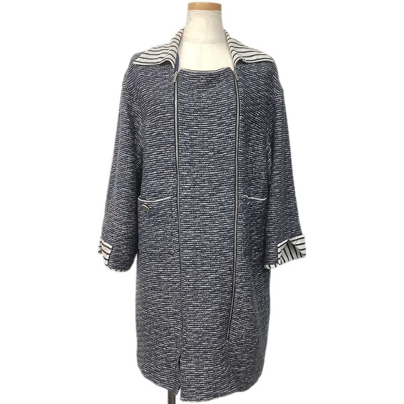 CHANEL シャネル コート コットン アクリル ネイビー ホワイト #40 P56027V35672 M9571 ファスナー ロ..