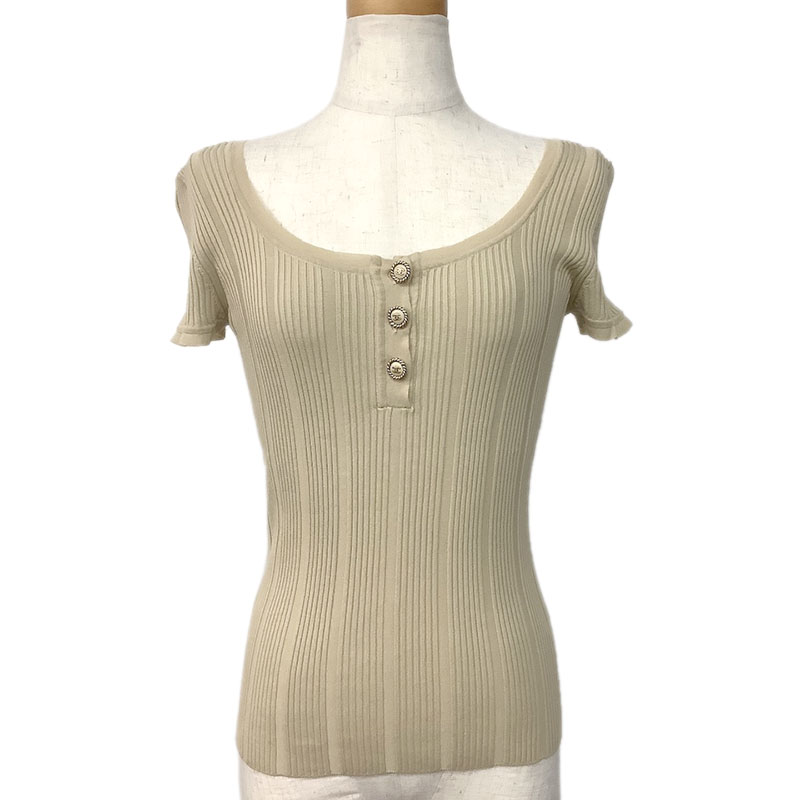 CHANEL シャネル トップス コットン ナイロン ベージュ P30449K00400 AQ324 #42 半袖 CCマークボタン ..
