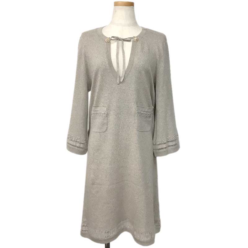 CHANEL シャネル ワンピース コットン ナイロン グレー #42 P40709K03004 AW105 ロング丈 Vネック CCマ..