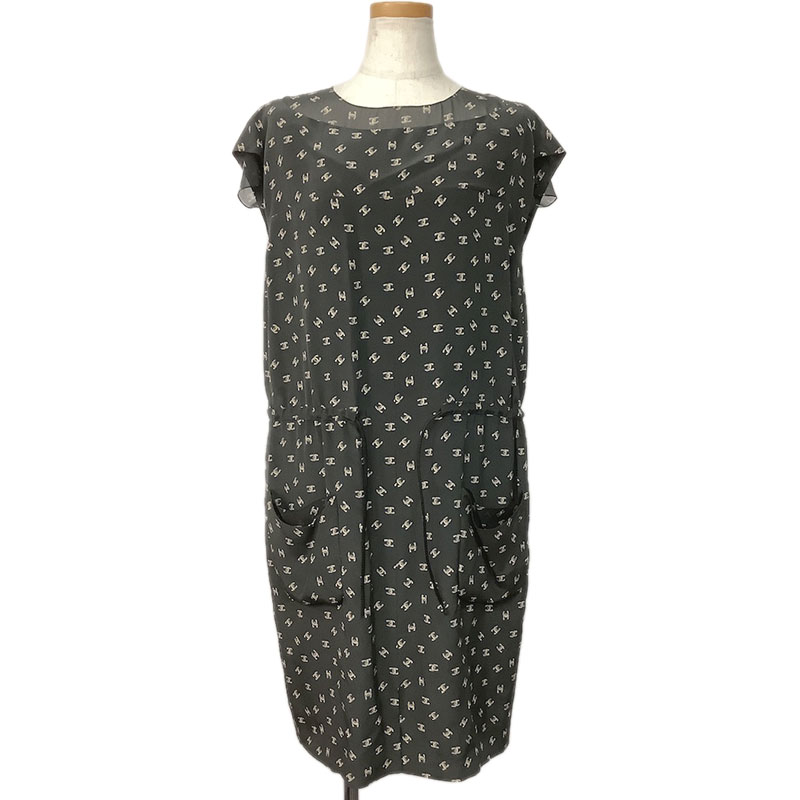 CHANEL シャネル ワンピース シルク ダークグレー ベージュ #38 P44358W05185 B4573 ココマーク 総柄 ..