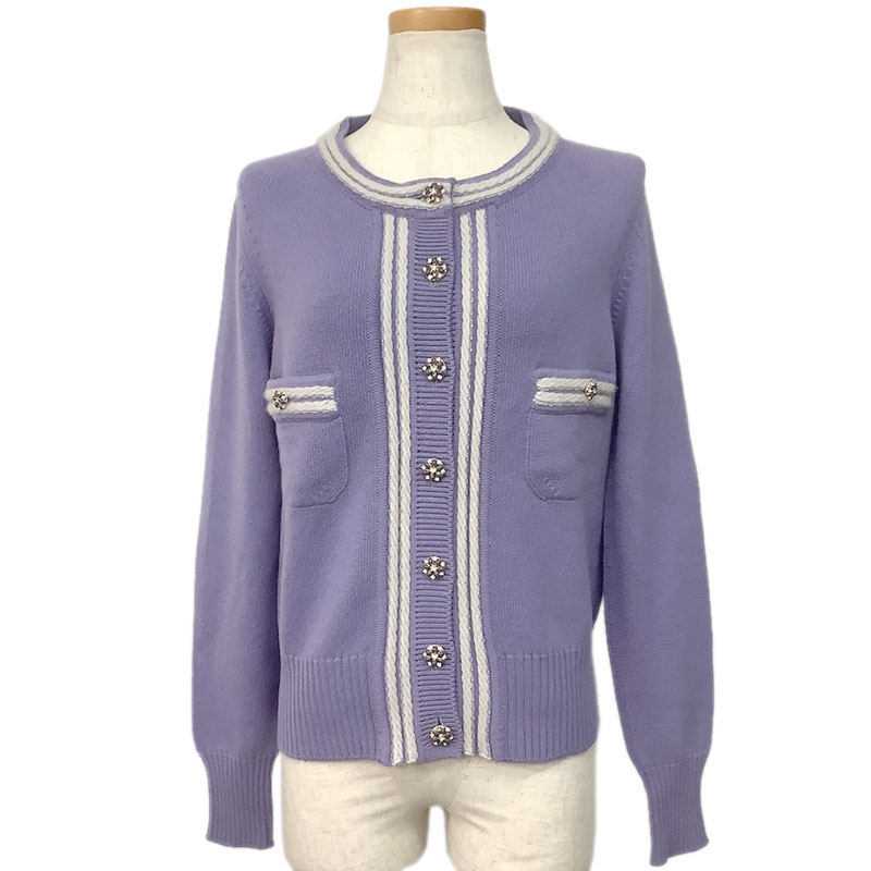CHANEL シャネル カーディガン カシミヤ パープル ホワイト #38 P43020K04355 B4417 クルーネック ビジ..