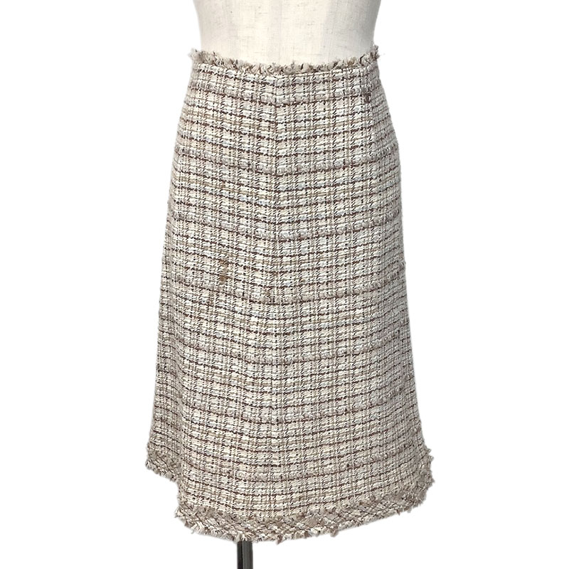 CHANEL シャネル スカート シルク ウール レーヨン ベージュ マルチカラー #42 P23056V13809 M2313 ツ..