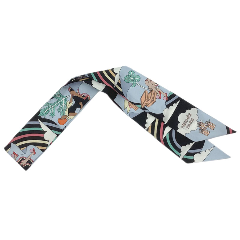 HERMES エルメス ツイリー “空飛ぶカレ” シルク ブラック マルチカラー CARRES VOLANTS ツィリー リボ..