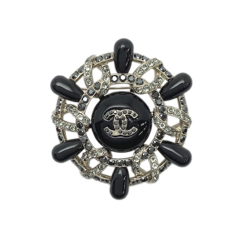 CHANEL シャネル ブローチ メタル 樹脂 ラインストーン シャンパンゴールド ブラック CCマーク ココマ..