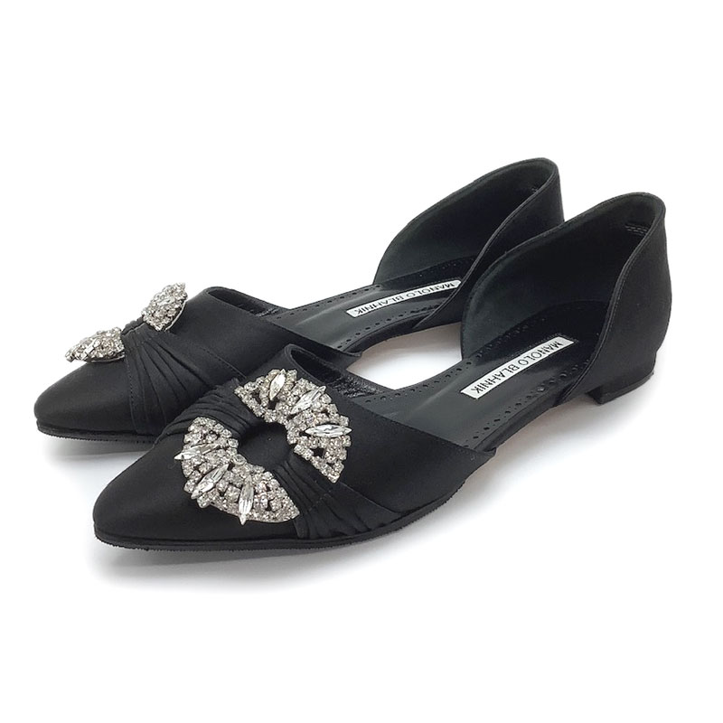 MANOLO BLAHNIK マノロブラニク パンプス サテン ブラック #36 クリスタル ポインテッドトゥ フラット..