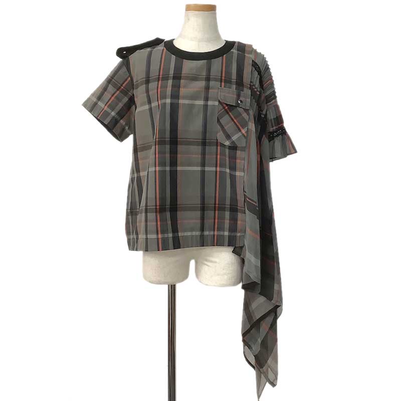 sacai サカイ 半袖 トップス ポリエステル ウール グレー マルチカラー 19-04456 #2 チェック フリル ..