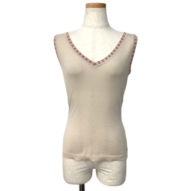 CHANEL シャネル ニットベスト ノースリーブ トップス カシミヤ ベージュ レッド #38 P17932V00946 B18..