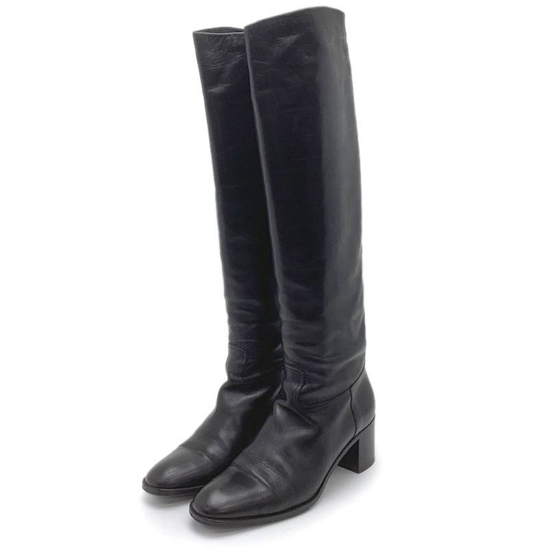 HERMES エルメス ロングブーツ レザー ブラック #37 1/2 ラウンドトゥ ステッチ 【中古】