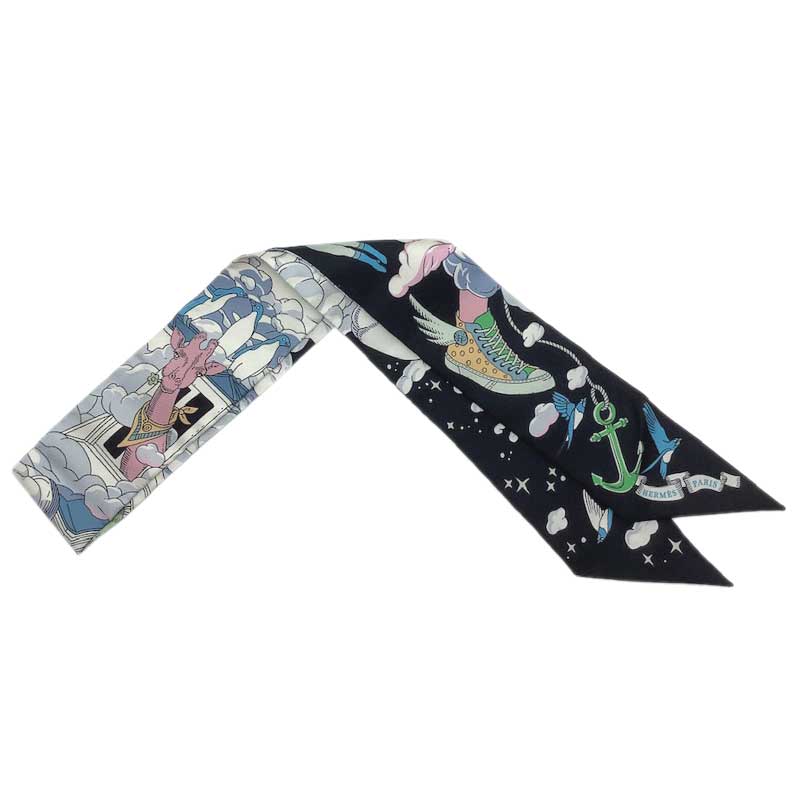 HERMES エルメス ツイリー “SUR MON NUAGE” シルク ブルー・ノワール モーヴ マルチカラー 063900S 14 HTH2209 “私の雲” 動物 雲 ツィリー リボンスカーフ 【未使用】