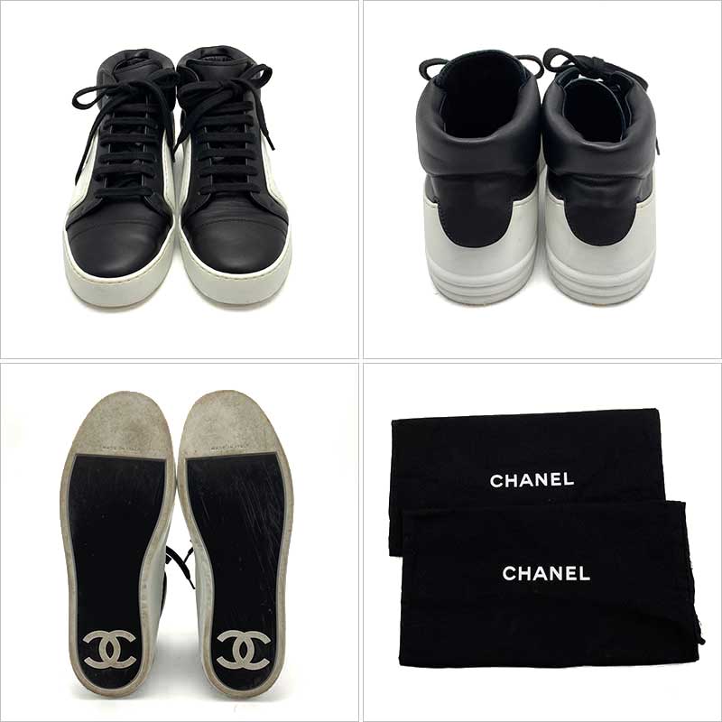 【SALE】 CHANEL シャネル ハイカットスニーカー ホワイト ブラック レザー ラバー #37 CCマーク 17SS 【中古】