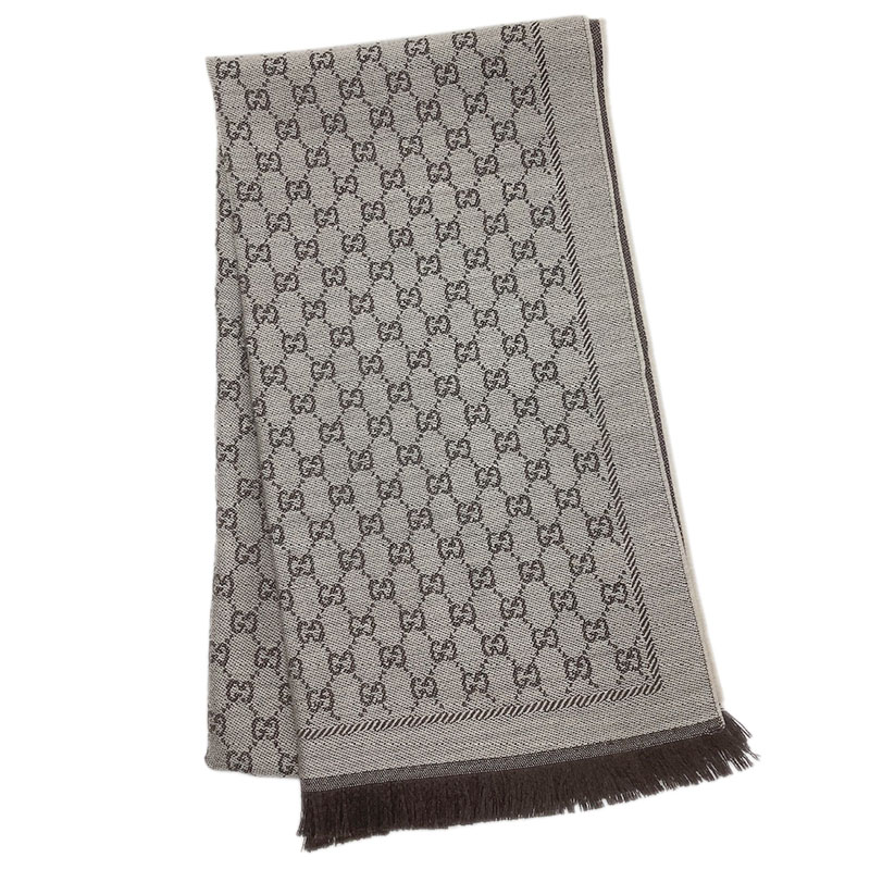 GUCCI グッチ ショール マフラー ウール ベージュ ブラウン 411115 3G200 9764 GG柄 フリンジ ストール 【中古】