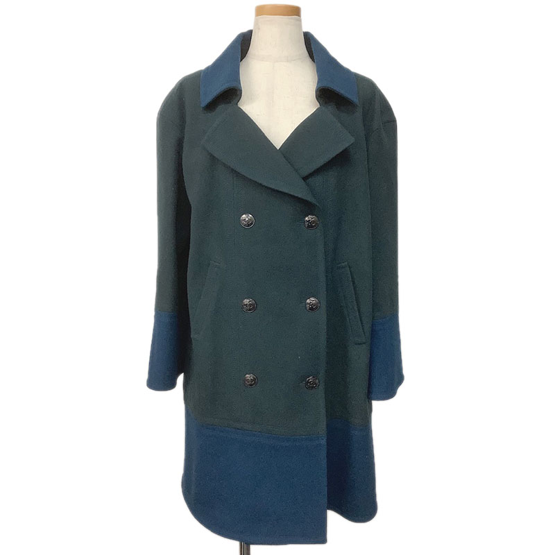 CHANEL シャネル コート ウール グリーン ブルー #42 P46964V30445 B4833 ダブル バイカラー ロングコ..