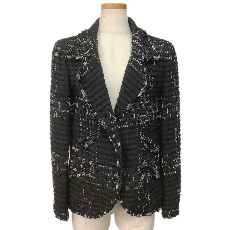 CHANEL シャネル ジャケット コットン ウール ブラック #42 P32177W04072 B3337 ビーズ チェーン 【中..