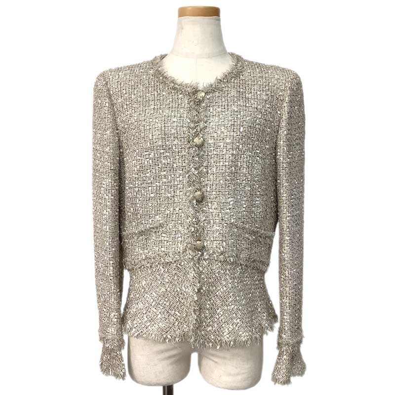 CHANEL シャネル ノーカラー ジャケット ナイロン ポリエステル コットン ベージュ マルチカラー #40 P..