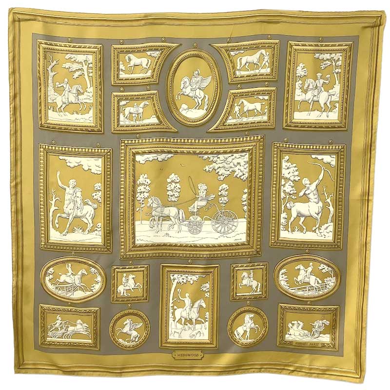 HERMES エルメス カレ90 スカーフ “WEDGWOOD” シルク イエロー グレー ホワイト ウェッジウッド 馬 騎..
