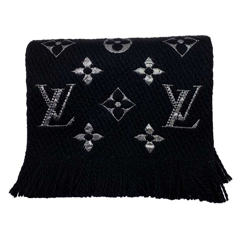 LOUIS VUITTON ルイ・ヴィトン エシャルプ・ロゴマニア シャイン マフラー M75833 ノワール ウール シルク ブラック シルバー モノグラム フリンジ 【新品】