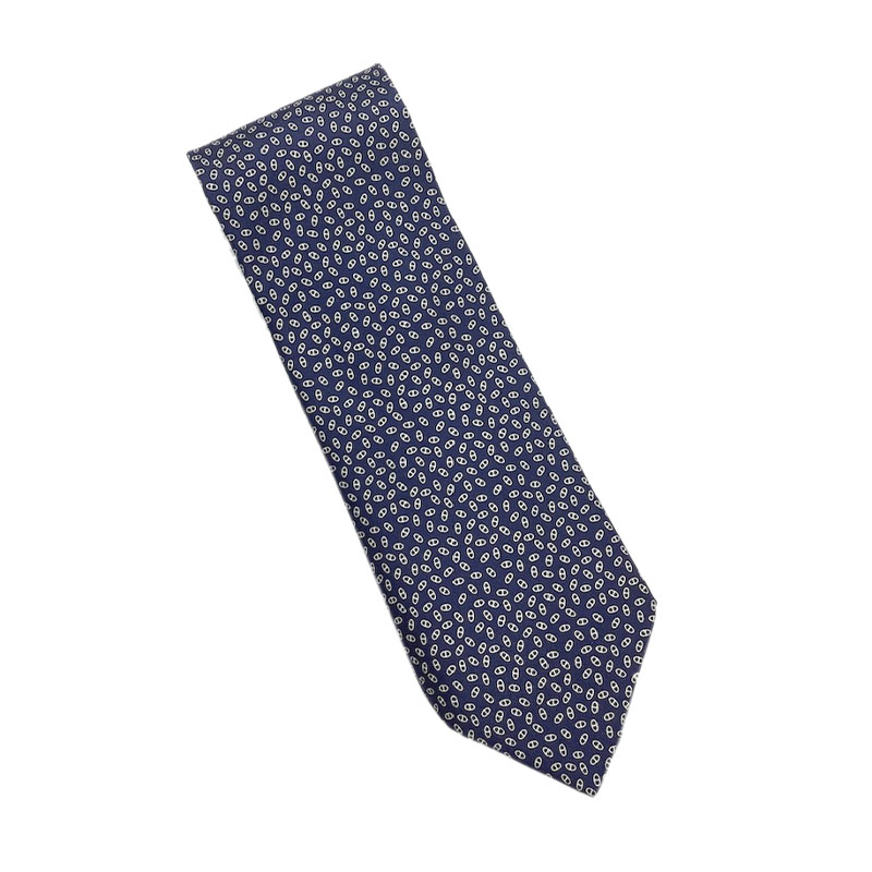 HERMES エルメス ネクタイ シルク ネイビー ホワイト 5107 HA シェーヌダンクル柄 総柄 【中古】