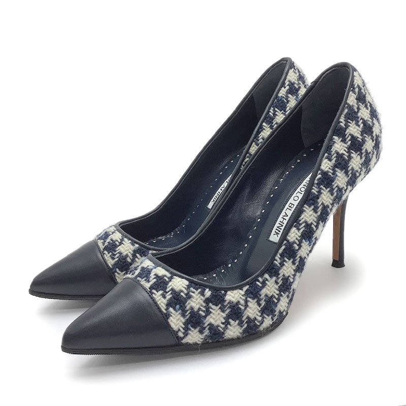 MANOLO BLAHNIK マノロブラニク パンプス ウール レザー ネイビー #35 千鳥柄 ポインテッドトゥ 【中古】
