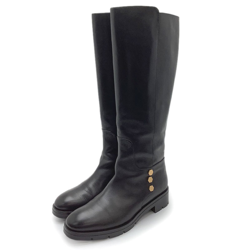 TOD’S トッズ ロングブーツ レザー ブラック #37 ゴールド金具 ヘキサゴン金具 【中古】