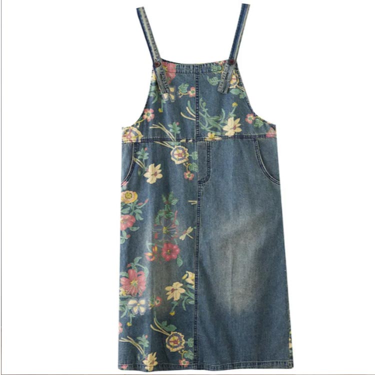 送料無料 花柄 サロペット ワンピース デニム ジャンパースカート ジャンスカ サロペット レディース オーバーオール デニム マキシワンピース 春夏秋 体型カバー Vネック デニムワンピース ワンピース ミディアム ジャンパースカート