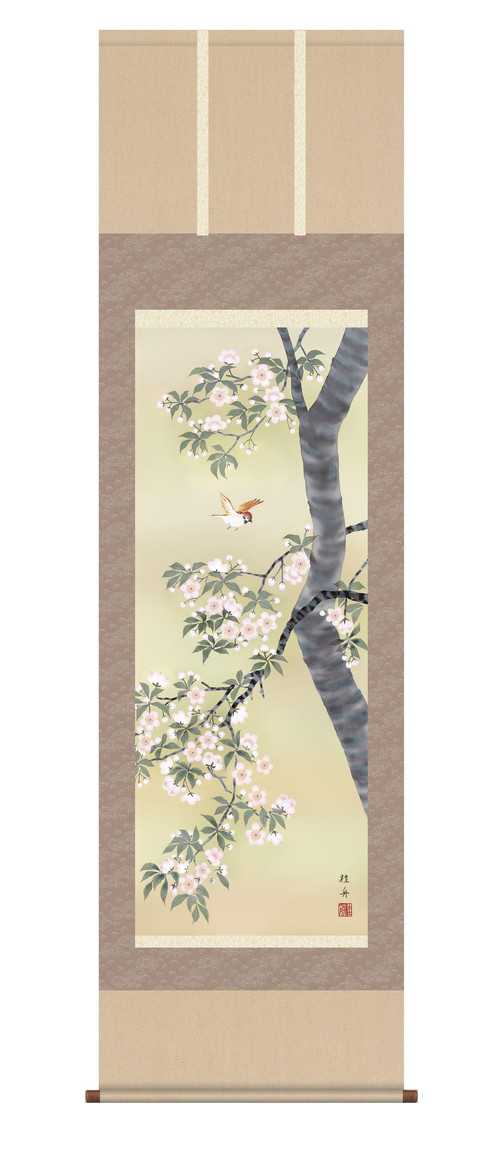 掛軸「桜花に小鳥」　長江桂舟　筆 【掛け軸 掛軸 年中】　尺