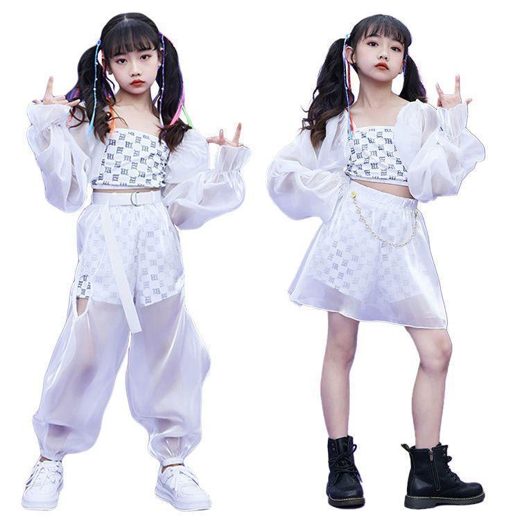 楽天ヨロズヤショップ楽天市場店【楽天スーパーSALE】ガールズ ダンス 衣装 ジャズ キッズ 女の子 衣装 ホワイト シースルー 肌見え へそ出し スカート パンツ ヒップホップ モノトーン 韓国