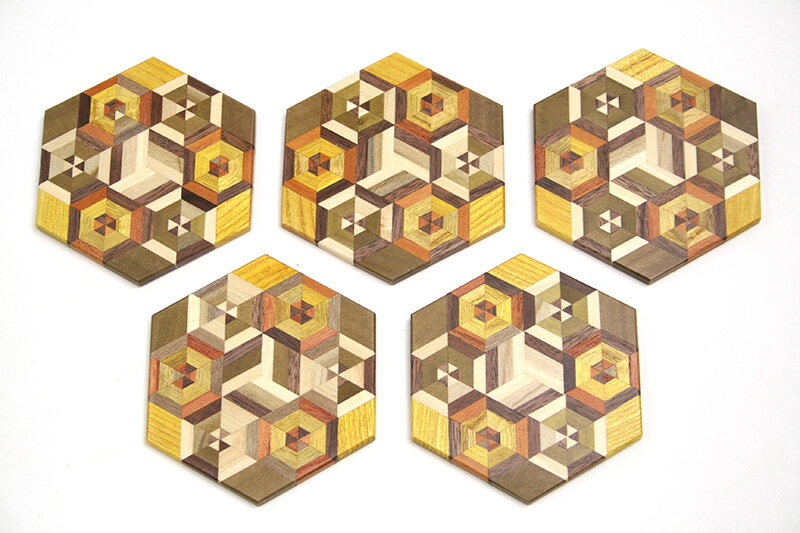 箱根寄木細工 寄木ムク　コースター六角　5枚セット