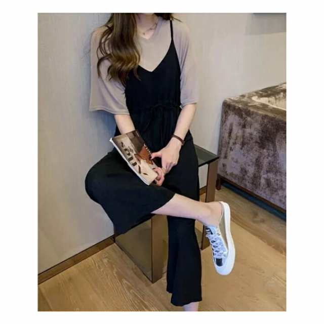 単品使いでも活躍するお得な2点セットの カットソー付き キャミ オールインワン レディース パンツ ボトムス ミモレ丈 ウエストリボン キャミソール フレア 大きいサイズ