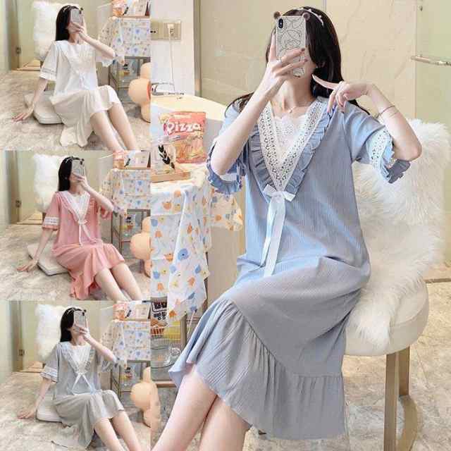 ネグリジェ 春夏 姫 ネグリジェ 半袖ワンピース 可愛い レースフレア ロング丈 ネグリジェ パジャマ レディース 大人部屋着 オシャレゆったり大きいサイズ