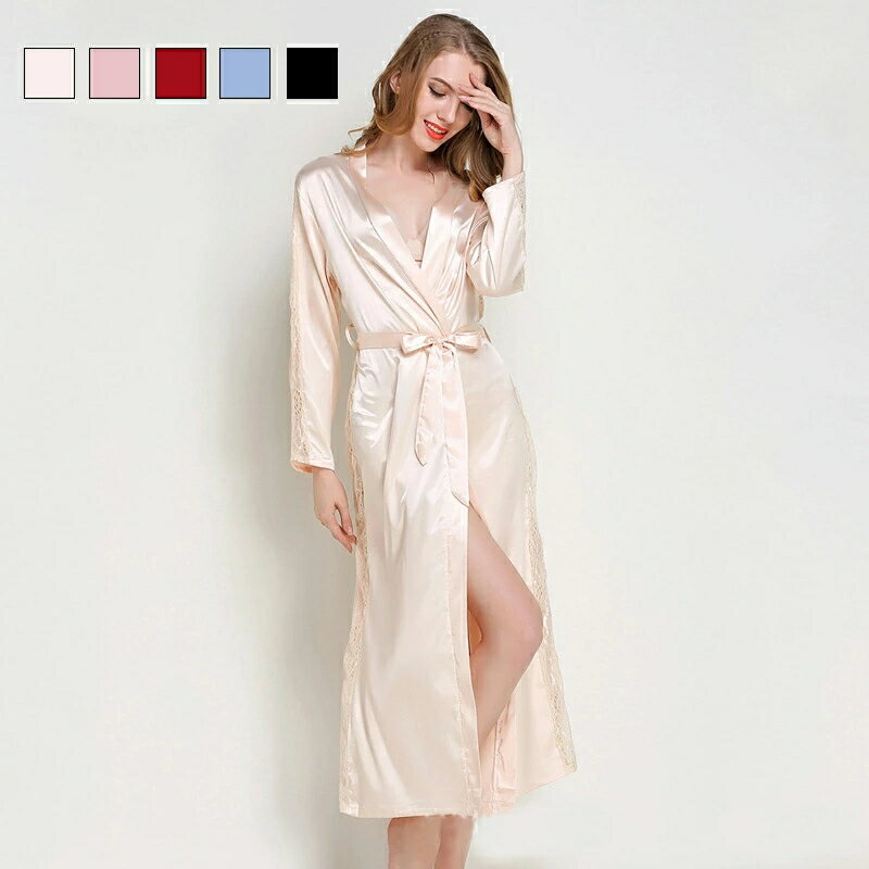 ネグリジェ バスローブ ルームウェア レディース マキシ丈 ロング丈 レース 切り替え ガウン Vネックス..