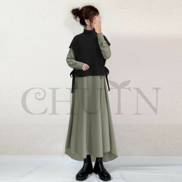 春セットアップ シャツワンピース おしゃれ 着痩せ 長袖ニット＋シャツワンピース ジャンパースカート 大人通勤 40代ママ服 おしゃれ 秋