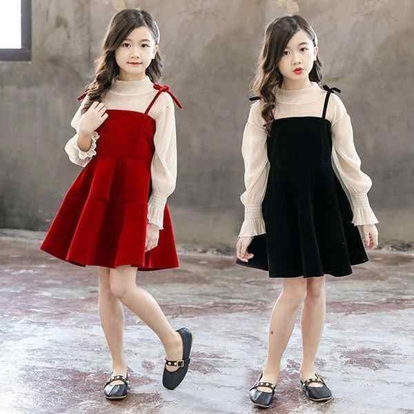 ワンピース ジュニア カジュアル おしゃれ 可愛い 通学着子供ドレス dress 女の子 秋着 2点セット子供服 ワンピース キッズ 長袖 膝丈ワンピース ブラ...