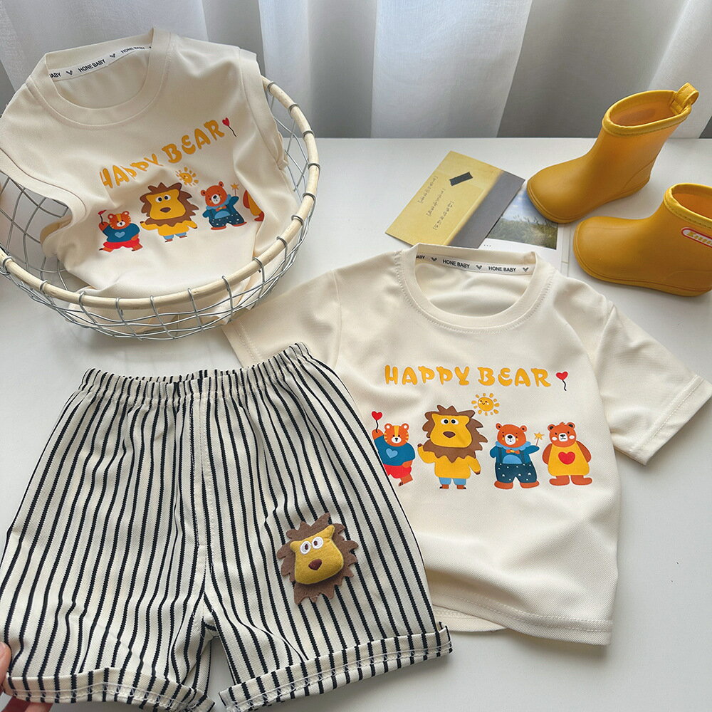 子供夏服　上下セット　Tシャツ　デニムパンツ　カジュアルスーツ 韓国スタイルの子供服　ライオンイラスト　　デニムパンツ　80cm　90cm　上下セット　オシャレ　かわいい
