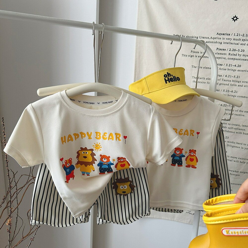 子供夏服　上下セット　Tシャツ　デニムパンツ　カジュアルスーツ 韓国スタイルの子供服　ライオンイラスト　　デニムパンツ　80cm　90cm　上下セット　オシャレ　かわいい