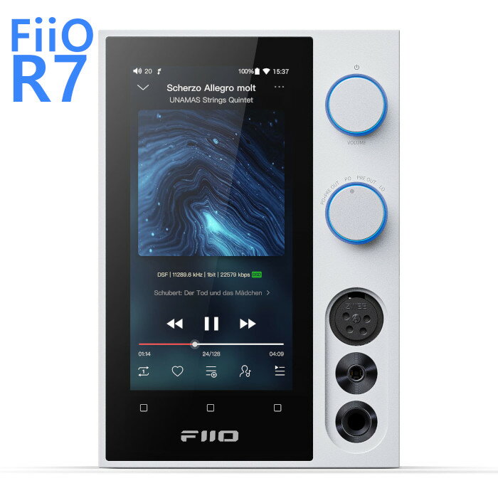 DAC/ヘッドフォンアンプ/ネットワークプレイヤーをこの1台で。 オーディオストリーマー FiiO R7 ◆R7 &ensp; R7は、FiiOが現代オーディオファイルの多様なニーズに応えるために開発した、様々なオーディオ機器の機能を備えるデスクトップオーディオデバイスです。 Android OSの拡張性と、豊富な入力端子、そして優れたインターフェースを兼ね備え、これまで以上にスマートなリスニング体験を実現します。 長年のHiFiオーディオプレイヤー製造で培われた技術を活かして設計されたR7は、イヤホンやヘッドフォン、アクティブスピーカーにBluetoothヘッドセットなど、様々な機器と簡単に接続することができ、あらゆるシーンで高いパフォーマンスを発揮します。 ◆「店長大後悔日誌」より(2023/02/20) &ensp; ポータブルオーディオ機器メーカーである FiiO から発売された、卓上用オーディオデバイスのご紹介です。 あまりに多機能ですので、ネットワークプレーヤーとも違い オーディオデバイスというジャンルになるのでしょうか。 Android OS 搭載 ヘッドホンアンプ にネットワーク機能を持たせ、電源部を強化した感じです。 横幅 110mm 高さ 160mm 奥行き 134mm とコンパクトですので、卓上使用にもぴったりです。 主な機能は以下となります。 DAC内蔵ヘッドホンアンプ/プリアンプ Bluetooth USB-DAC 光/同軸 DAC Roon Ready Android OS ですので、Google Play ストア経由で AmazonMusic 等の音楽サブスクアプリをインストールしてその音源を再生する事も可能です。 RCAライン出力2系統にバランス出力もあります。 これでもかというほどの多機能機で、接続出来ないデジタルオーディオ機器は無いのではないでしょうか。 試聴は、有線LANによる Roon Ready 接続で行いました。 最初に音を出したときは、解像度の低いぼけた音で10万円のネットワークプレーヤーと考えた場合価格に見合うクオリティは出せていませんでした。 エージングが済んでいないのかと思い、そのまま数分鳴らしていたのですが、突然音が良くなりました。 何事かと、確認するとモニターがオートオフで消えていました。 この状態であれば、十分に価格に見合う音が出ています。 PCオーディオでもそうですが、モニターの電源を落とすと音が良くなります。 この機材も同様で、モニターを消すと解像度とS/N比が大幅に向上し、据え置き型ネットワークプレーヤーとして価格に恥じない実力を発揮します。 右上の電源スイッチを押すと、モニターのオン/オフが可能ですので電源投入後 Roon Ready 起動後に右上スイッチを押してモニターを消すと良いと思います。 基本的にはデスクトップオーディオ用だと思いますが、据え置き型ネットワークプレーヤーとしても十分に使用可能です。 この多機能さに魅力を感じた場合、他に変わる物がありませんのでオンリーワンのモデルだと思います。 yoshidaen.com/takechan/akira19.html#20230220 ◆仕様 &ensp; デジタル入力 USB3.0 タイプC USB2.0 タイプA RCA同軸 TOS光 Bluetooth イーサネット ヘッドホン出力 6.3mm シングルエンドヘッドホン端子 4.4mm バランスヘッドホン端子 4ピンXLR バランスヘッドホン端子 アナログ出力 3ピンXLRバランスライン出力 RCAライン出力 × 2 デジタル出力 USB3.0 タイプC USB2.0 タイプA RCA同軸 TOS光 Bluetooth イーサネット 対応サンプリンググレート ローカル再生/USB DACモード: 384kHz/32bit、DSD256(Native) RCA同軸入力: 192kHz/24bit TOS光入力: 96KHz/24bit USB出力: 768kHz/32bit、DSD512(DoP/D2P/Native) RCA同軸出力: 384kHz/24bit、DSD128 (DoP) TOS光出力:192kHz/24bit MQA 8xデコード対応 SoC Qualcomm Snaodragon 660 DAC ESS ES9068AS アンプ回路 THX AAA-788+ ×2 Bluetooth 対応コーデック Bluetooth 受信対応コーデック：SBC、AAC、LDAC Bluetooth 送信対応コーデック：SBC、AAC、aptX、apxX HD、LDAC、LHDC 出力(最大) 3.2W(32Ω/バランスヘッドホン出力/Ultra highゲイン) 630mW(300Ω/バランスヘッドホン出力/Ultranhighゲイン) 出力インピーダンス &lt;0.5Ω(バランスヘッドホン出力/ Ultra high ゲイン) 対応インピーダンス 16~150Ω(シングルエンド) 16~300Ω(バランス) 周波数応答 5Hz~880kHz(-2dB) ノイズフロア &#8806;2.7μV(ライン出力/ A-weighted) &#8806;4μV(ヘッドホン出力/A-weighted) &#8806;2.5μV(バランスライン出力/A-weighted) &#8806;7.5μV(バランスヘッドホン出力) S/N比 &#8807;124dB(ヘッドホン出力/A-weighted) &#8807;122dB(バランスヘッドホン出力/Ultra high ゲイン/A-weighted) THD+N &#8806;0.00048%(1kHz/32Ω/バランスヘッドホン出力/Suer highゲイン) 操作モード Android / Pure music / USB DAC / Bluetooth 受信/AirPlay受信/Ronn Ready/ 同軸 /光デコード ディスプレイ 4.97インチ(720×1280)HD ディスプレイ メモリ(RAM) 4GB 内蔵ストレージ(ROM) 64GB(約46GBをユーザー仕様可能) 拡張ストレージ対応 SDカードスロット×1(最大2TBまで対応) 寸法 約 幅 110mm × 高さ 160mm × 奥行 134mm 重量 1.3kg カラー ブラック、ホワイト 付属品 クイックスタートガイド、AC電源ケーブル、USB3.0 タイプA to タイプCケーブル、スペーサー(フラット)、スペーサー(傾斜付き)、両面テープ(スペーサー用)×4、ホコリ防止キャップ×2、microSDカード変換アダプター(製品に取付済)、6.3mm to 3.5mm 変換アダプター、交換用ヒューズ