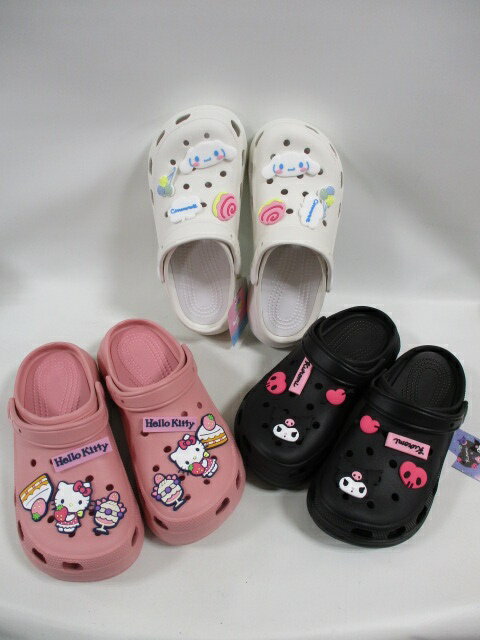 楽天シューズ＆バッグヨシエサンリオ H3505 クロッグタイプ ハローキティ クロミ シナモロール ピンク ブラック ホワイト レディース ジュニア サンダル アウトドア プール 海 かわいい サボ