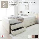 〔お客様組み立て〕 チェストベッド 通常床板タイプ ショート丈 シングル ホワイト 3ゾーンポケットコイルマットレス付 照明付 日本製フレーム コンセント付 宮付き 棚付き 引き出し収納 大容量収納 収納ベッド 収納ベット チェストベット ショートシングルベ...【代引不可】