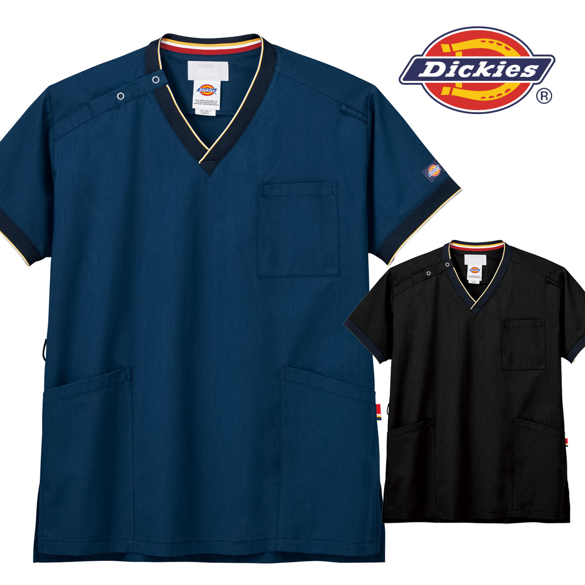 白衣　スクラブ　Dickies(ディッキーズ) 動きやすいストレッチ 男女兼用 シールズ(ネイビー) ナイト(ブラック) SS~4L FOLK(フォーク) 7..