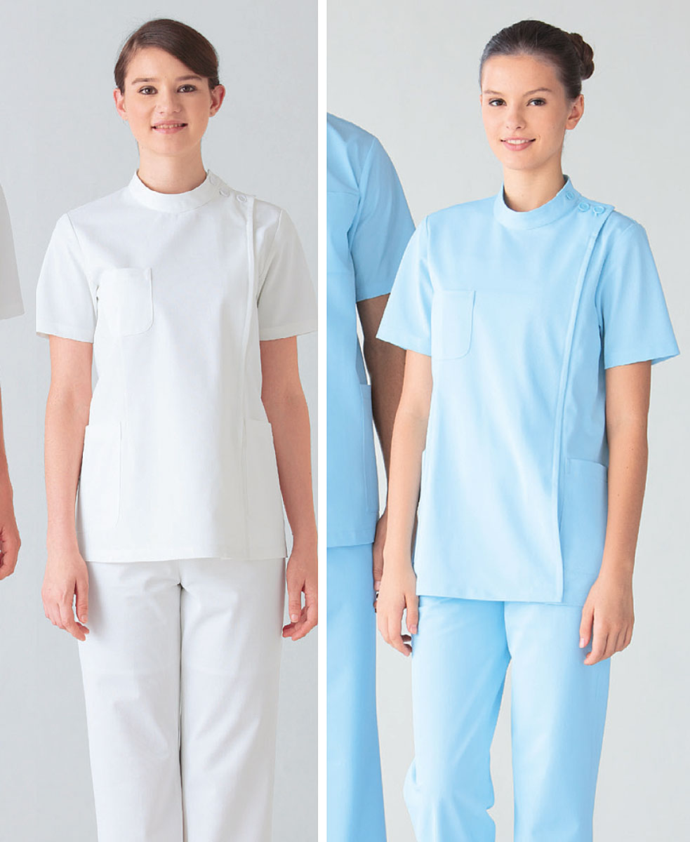 白衣 透けにくいニット素材使用女性ドクターケーシー白衣 半袖/オフホワイト、サックス263-10 11【】